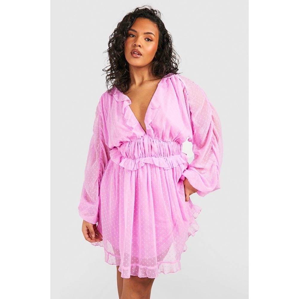 Boohoo Pink Swiss Dot Ruffle Mini Dress Plus Size 22 Long Balloon Sleeve V-Neck